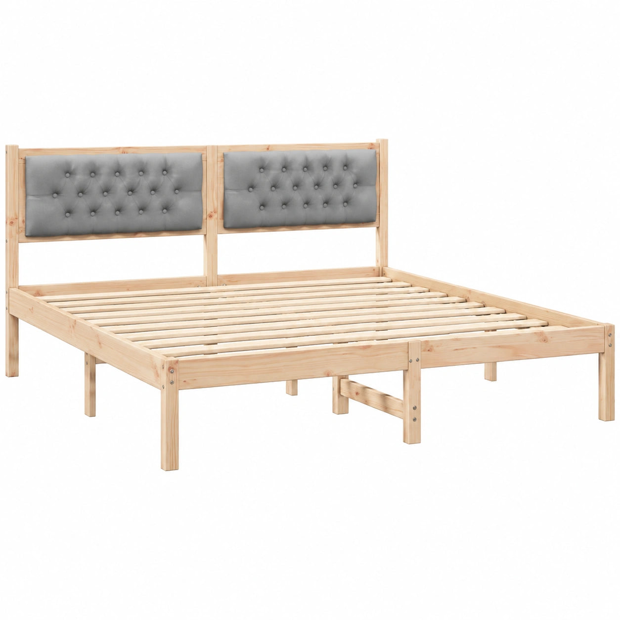 Massivholzbett 160x200 cm aus Kiefer mit gepolstertem Kopfteil, Doppelbett inkl. stabilem Lattenrost, modernes Design in Hellgrau