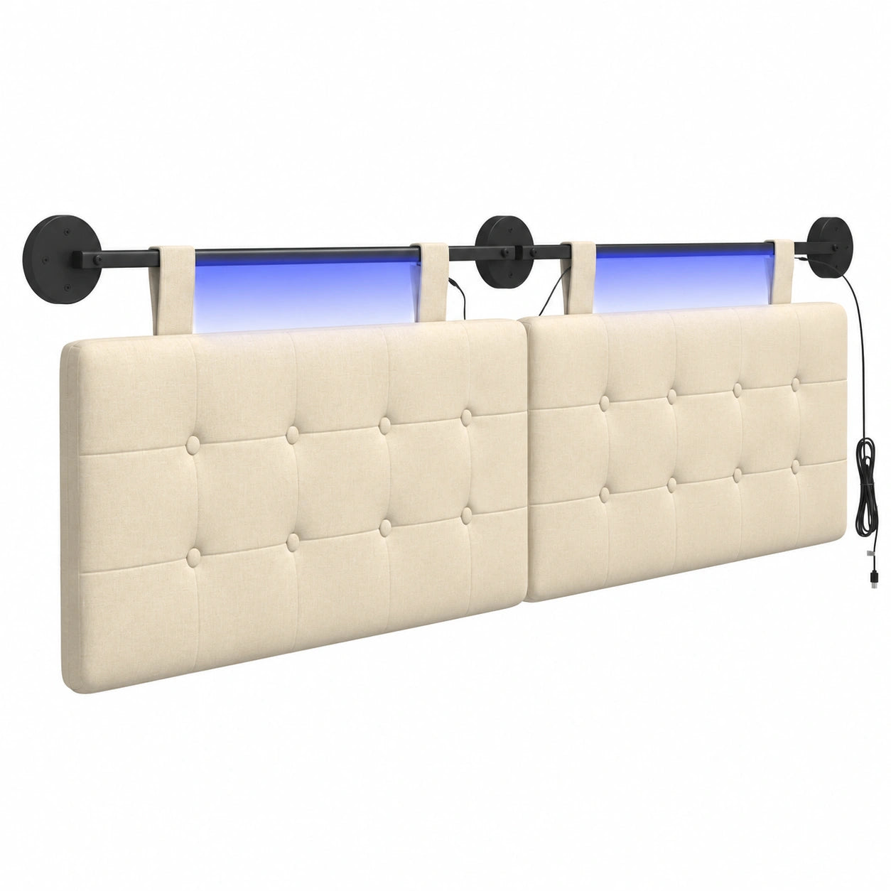 Hängendes Polster-Kopfteil mit LED-Beleuchtung in Creme, modernes Design zur Wandmontage, individuelle Schlafzimmerdekoration
