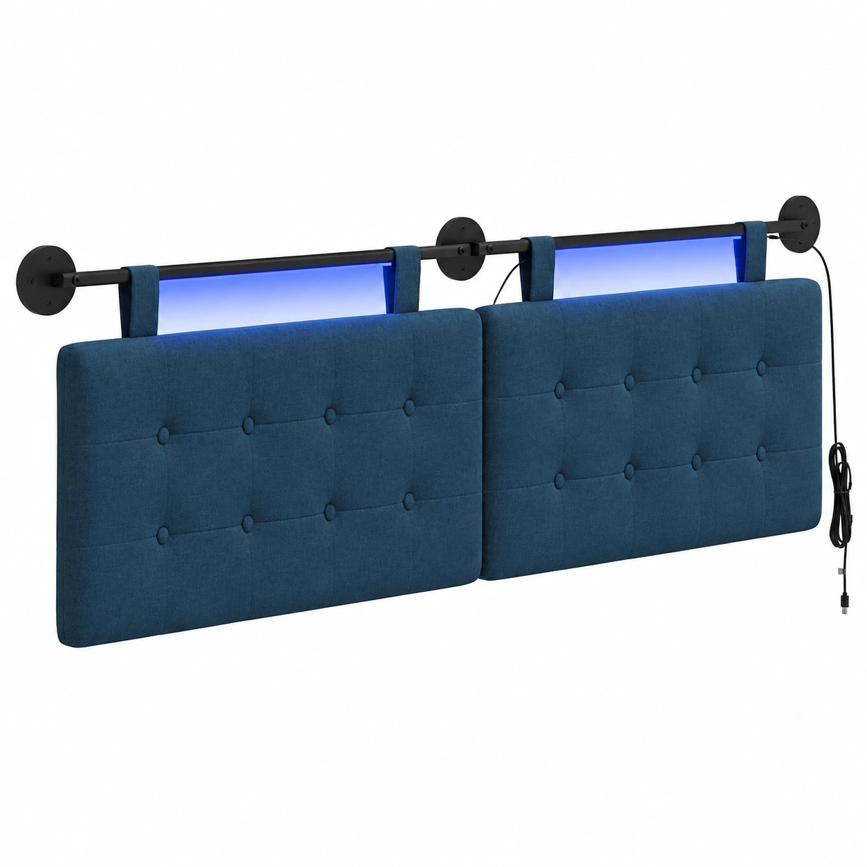 Modernes Wand-Kopfteil mit LED-Beleuchtung in Blau, Stoffbezug, platzsparend, anpassbare Dekoration für das Schlafzimmer