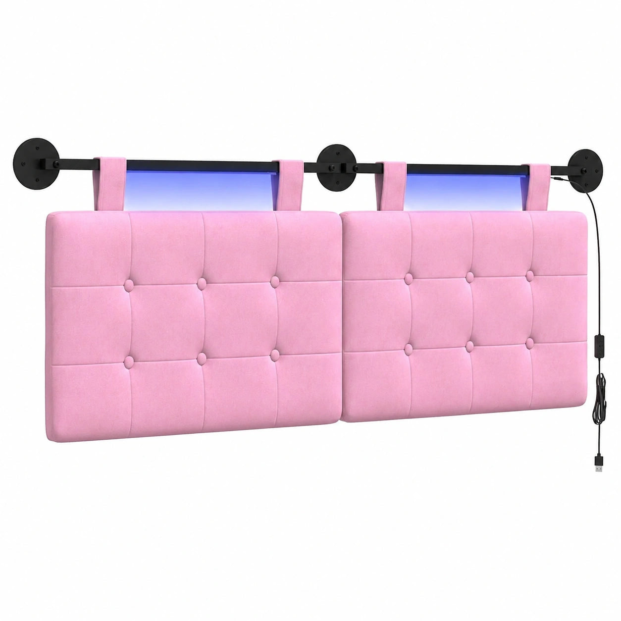 Hängendes Kopfteil mit LEDs, Rosa Stoff, Modernes Design, Platzsparende Wandmontage