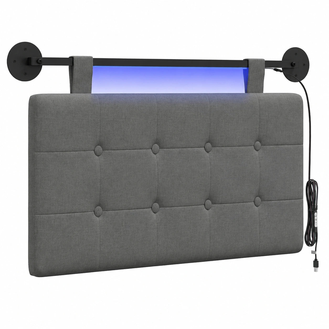 Modernes Stoff-Kopfteil mit LED Beleuchtung, Dunkelgrau, Platzsparende Wandmontage
