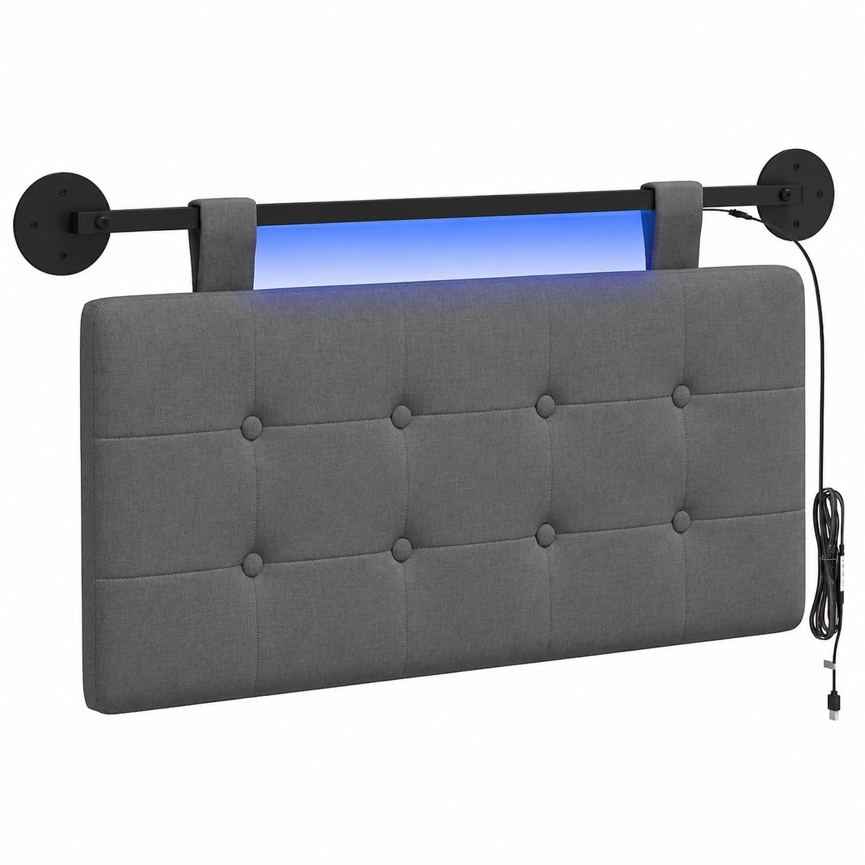 Modernes Polster-Kopfteil mit LED-Beleuchtung, dunkelgrau, platzsparendes Design zur Wandmontage
