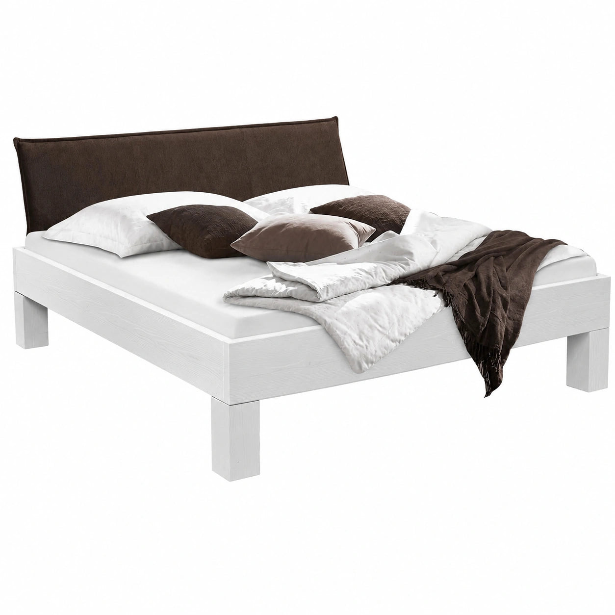 Massivholzbett LUKY in Weiß mit Polsterkopfteil, 4-Fuß-Design, Fichte