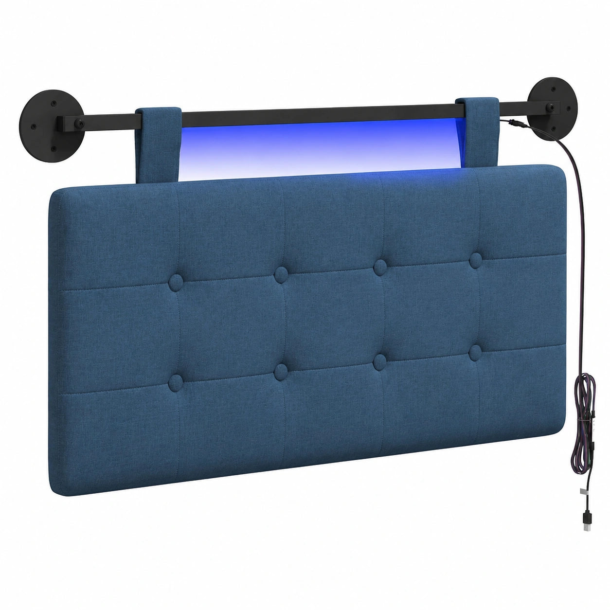 Modernes Wand-Kopfteil mit LED-Beleuchtung, Blaues Stoffdesign, Platzsparende Schlafzimmerdeko