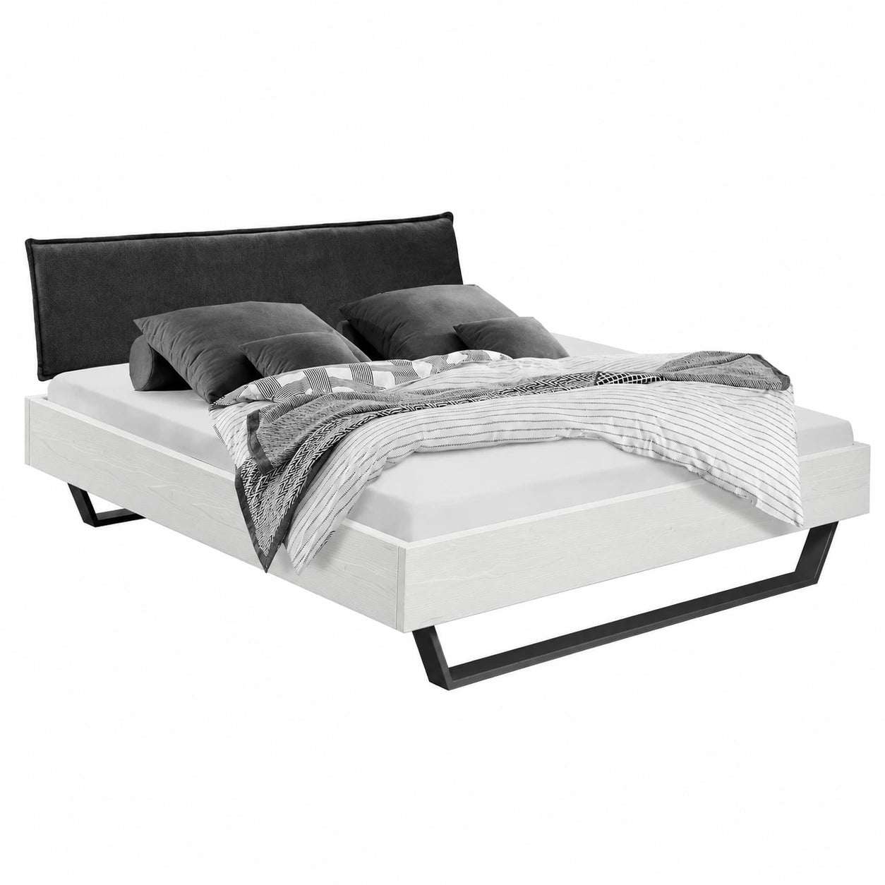 LUKY Massivholz Kufenbett mit Polsterkopfteil - Fichte Weiß, Schwarze Kufen
