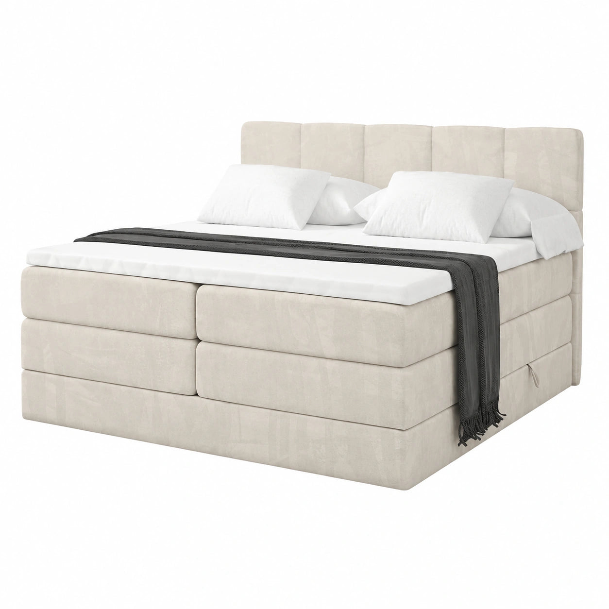 Komfortables Boxspringbett mit Stauraum und Matratze H3/H4, Bettkasten und Topper, Doppelbett LIRO KING 180x200 Beige
