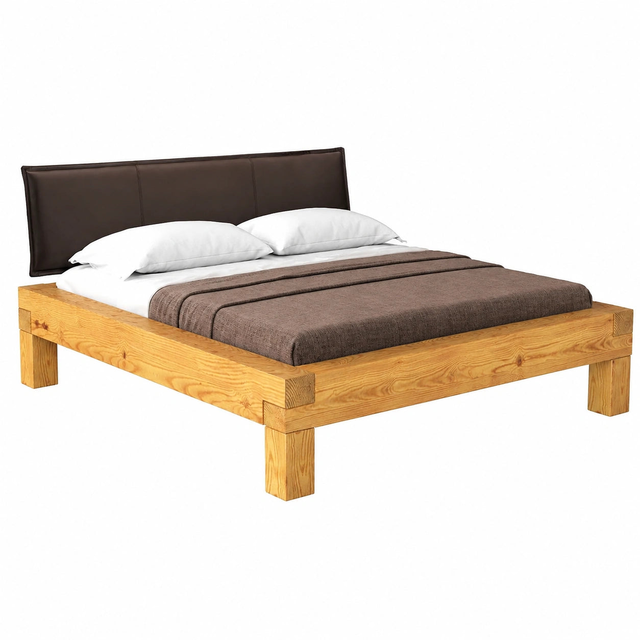 Massivholz-Balkenbett CURBY mit Polsterkopfteil, Thermo-Fichte, 4-Fuß-Design