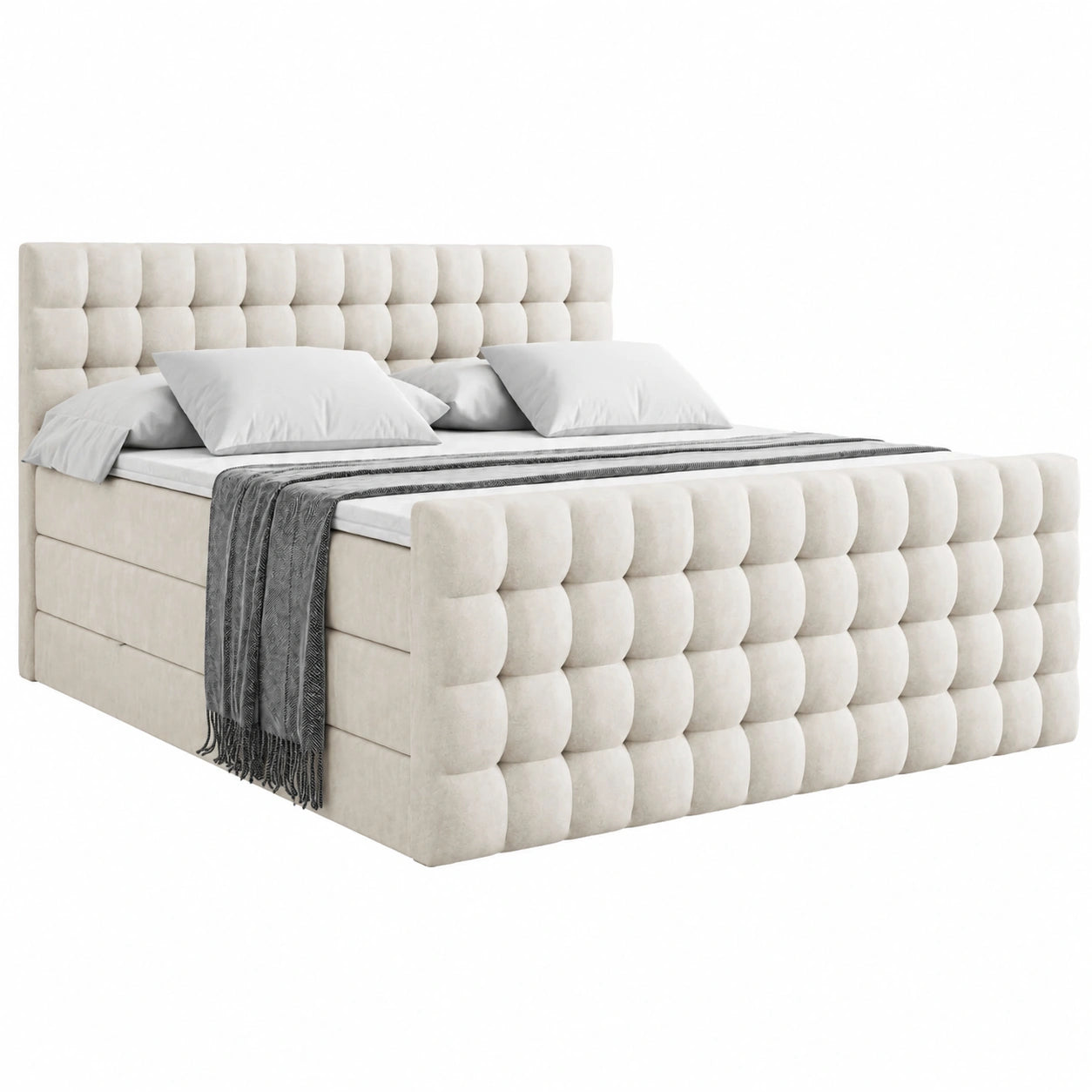 Boxspringbett 180x200 cm in Beige Samt mit Stauraum und Topper, inkl. H3/H4-Matratze und Bettkasten
