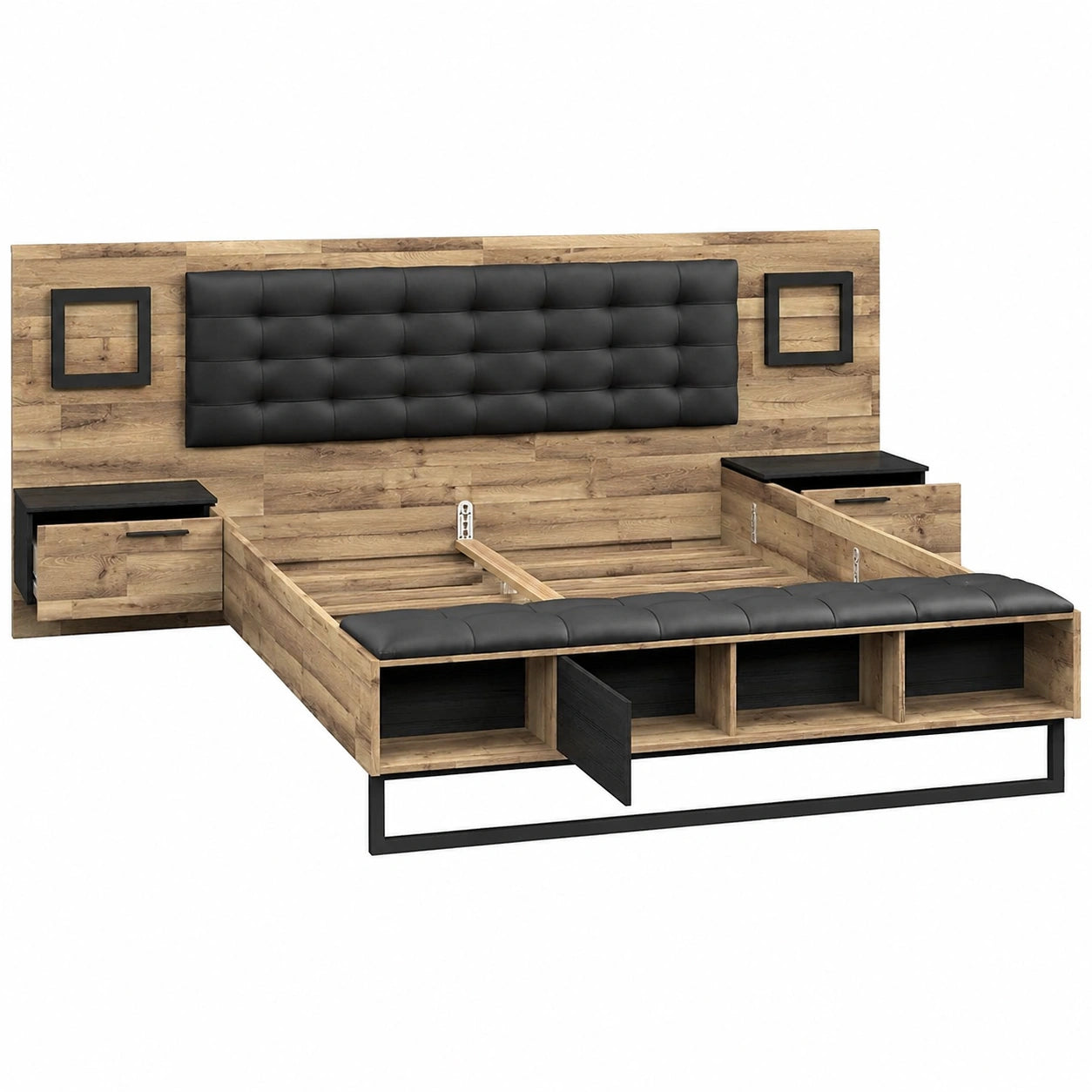 Elegantes Doppelbett JAKOBINA mit Nachtkommoden, Eichenoptik, 180x200 cm