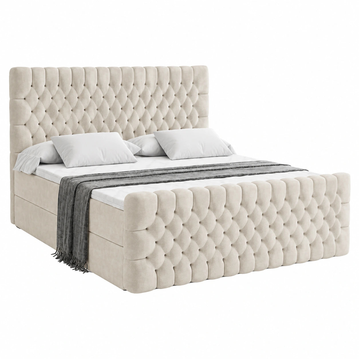 Luxus Boxspringbett Serene-Z, 180x200 cm, Beige Samt, mit H3 Matratze, Topper und Stauraum