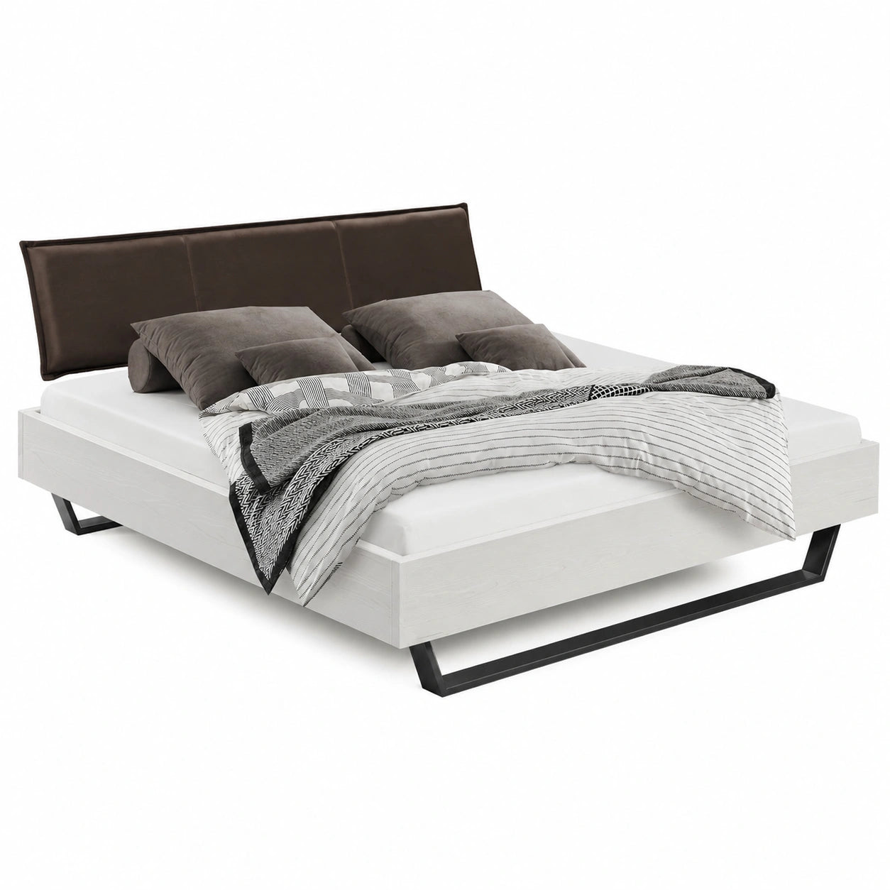 LUKY Massivholz Kufenbett mit Polsterkopfteil, Weißes Fichtenholz und Schwarze Kufen